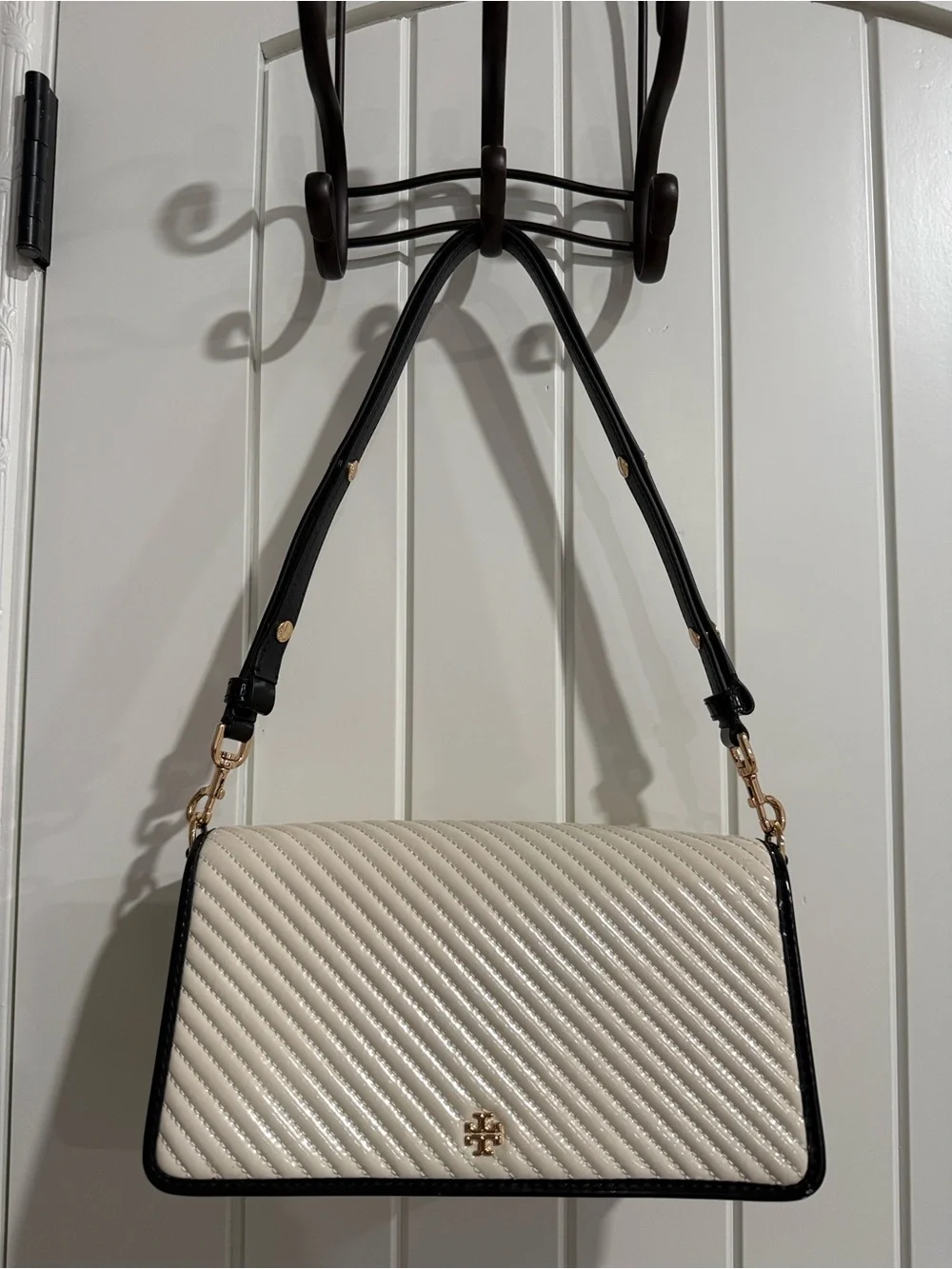 Tory Burch Cream Quilted Shoulder Bag with Black Trim and Gold Hardware